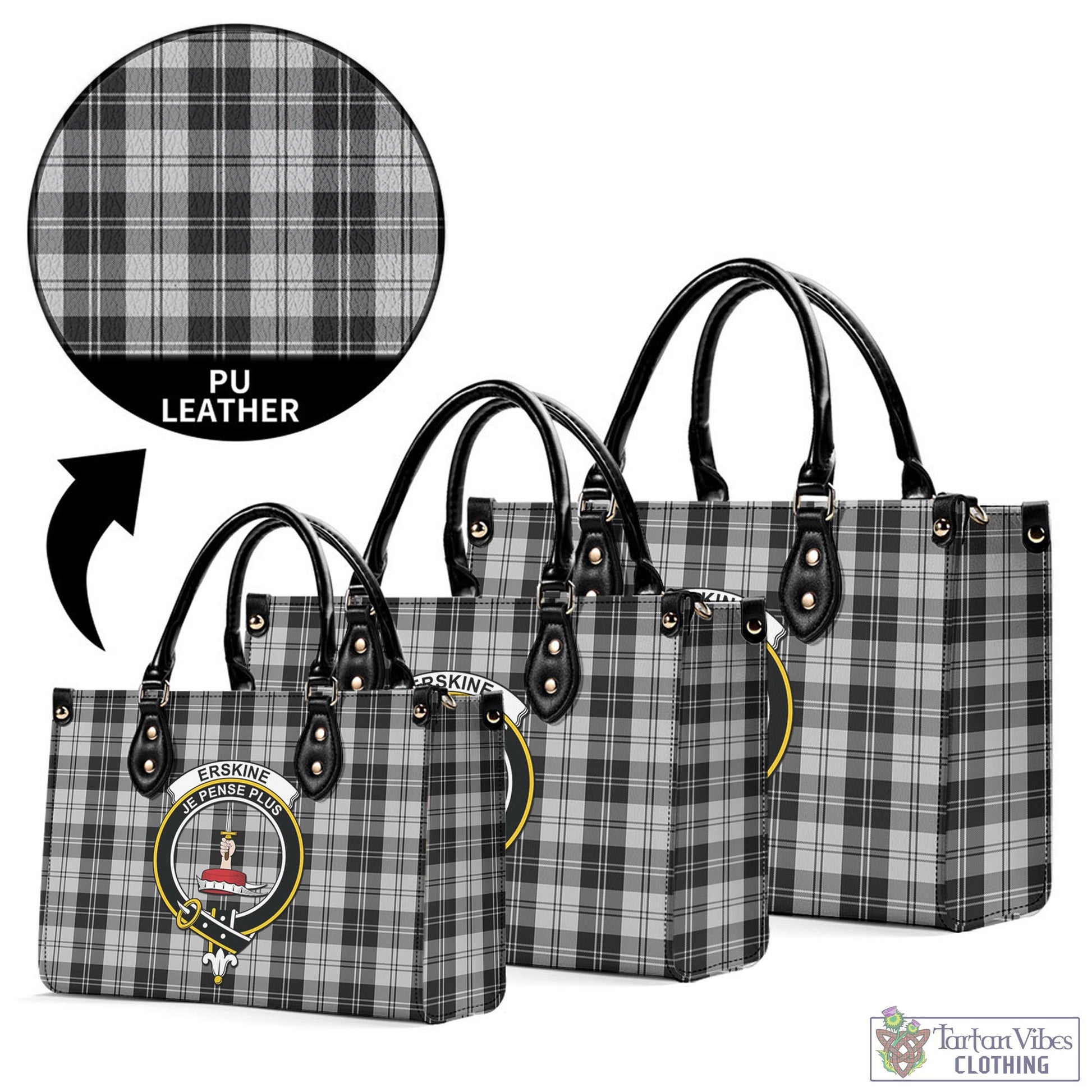 Tartan Vibes Clothing Erskine Black and White Tartan Luxury Leather Handbags with Family Crest