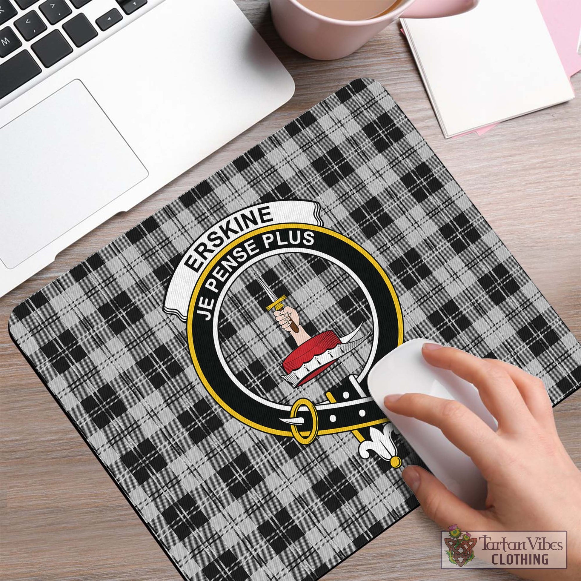 Tartan Vibes Clothing Erskine Black and White Tartan Mouse Pad with Family Crest