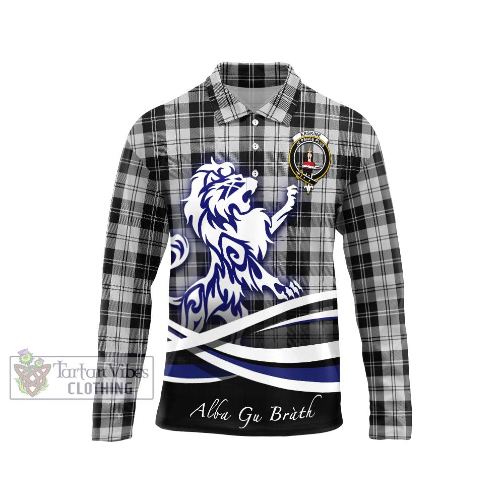 Erskine Black and White Tartan Long Sleeve Polo Shirt with Alba Gu Brath Regal Lion Emblem Unisex - Tartanvibesclothing Shop