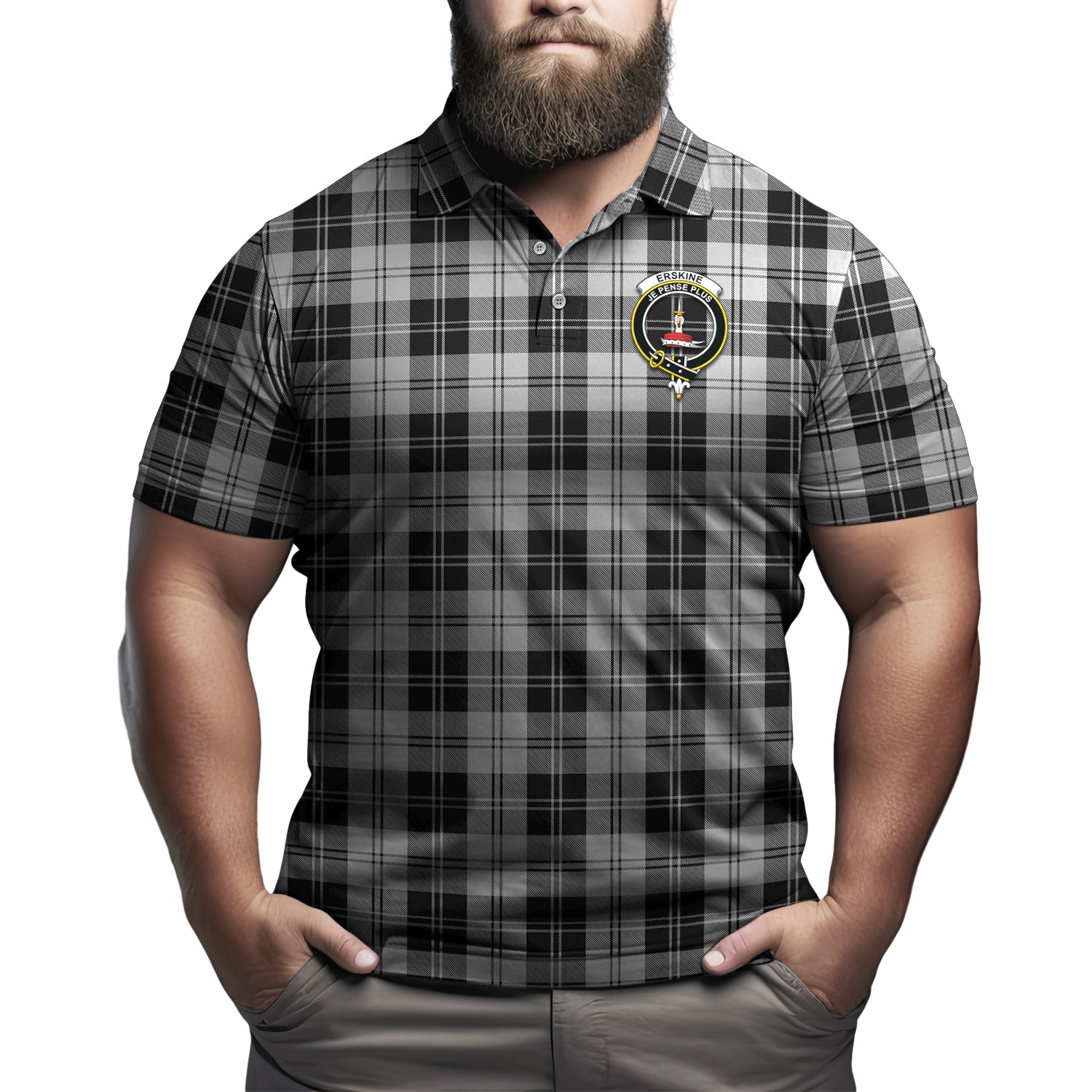 Erskine Black and White Tartan Men's Polo Shirt with Family Crest Kid - Tartan Vibes Clothing