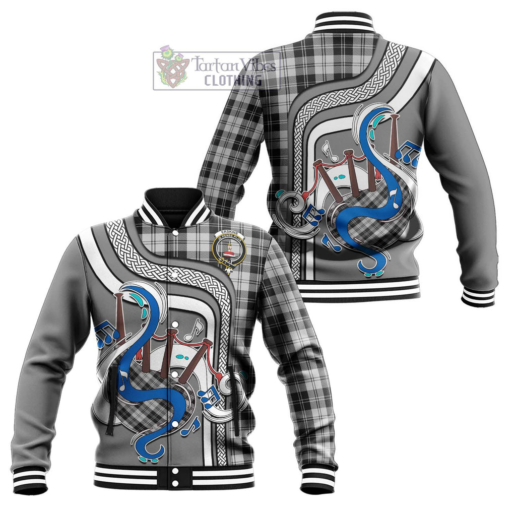 Tartan Vibes Clothing Erskine Black and White Tartan Baseball Jacket with Epic Bagpipe Style