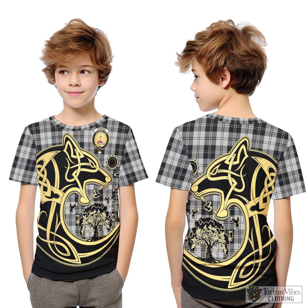 Erskine Black and White Tartan Kid T-Shirt with Family Crest Celtic Wolf Style Youth XL Size14 - Tartan Vibes Clothing