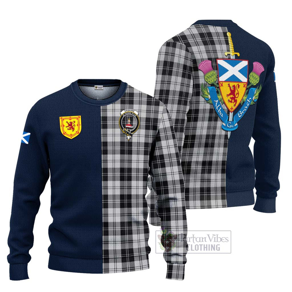 Tartan Vibes Clothing Erskine Black and White Tartan Knitted Sweater with Scottish Lion Royal Arm Half Style