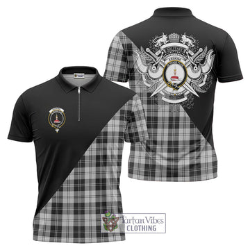 Erskine Black and White Tartan Zipper Polo Shirt with Family Crest and Military Logo Style