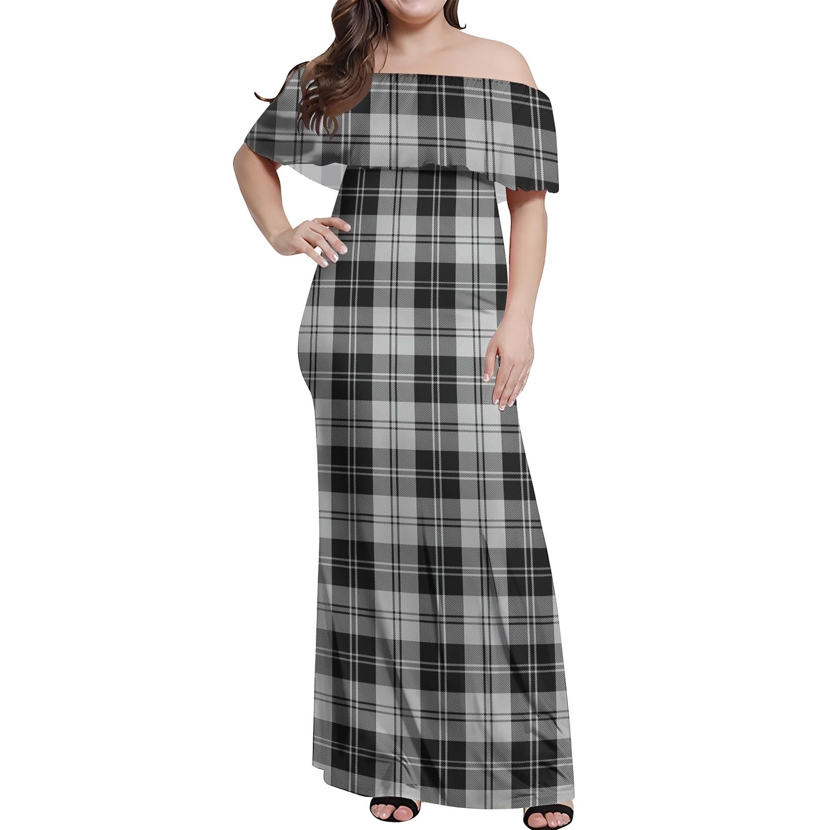 Erskine Black and White Tartan Off Shoulder Long Dress Women's Dress - Tartanvibesclothing