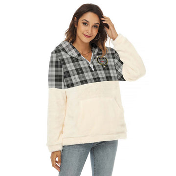 Erskine Black and White Tartan Women's Borg Fleece Hoodie With Half Zip with Family Crest