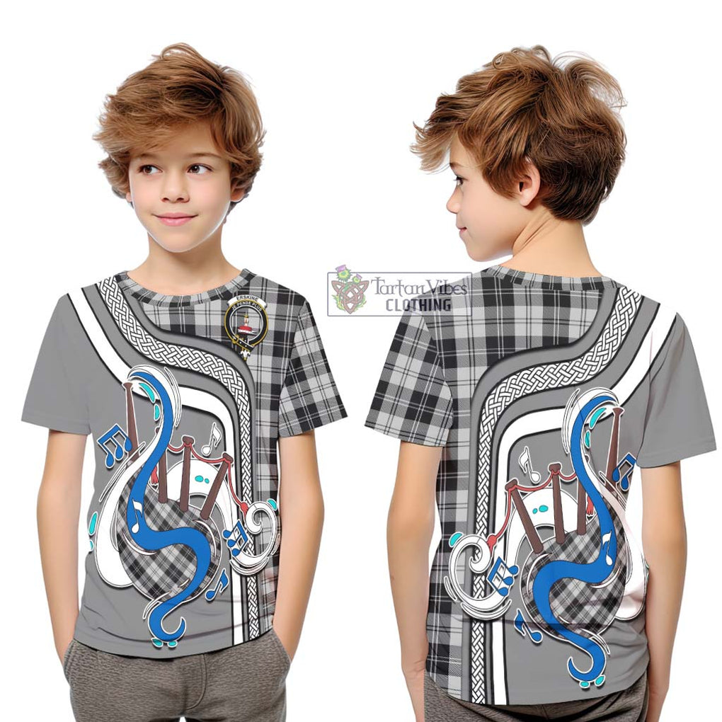 Tartan Vibes Clothing Erskine Black and White Tartan Kid T-Shirt with Epic Bagpipe Style