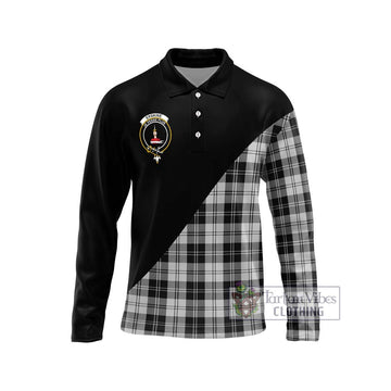 Erskine Black and White Tartan Long Sleeve Polo Shirt with Family Crest and Military Logo Style