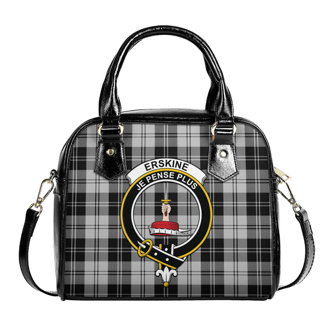 Erskine Black and White Tartan Shoulder Handbags with Family Crest One Size 6*25*22 cm - Tartanvibesclothing