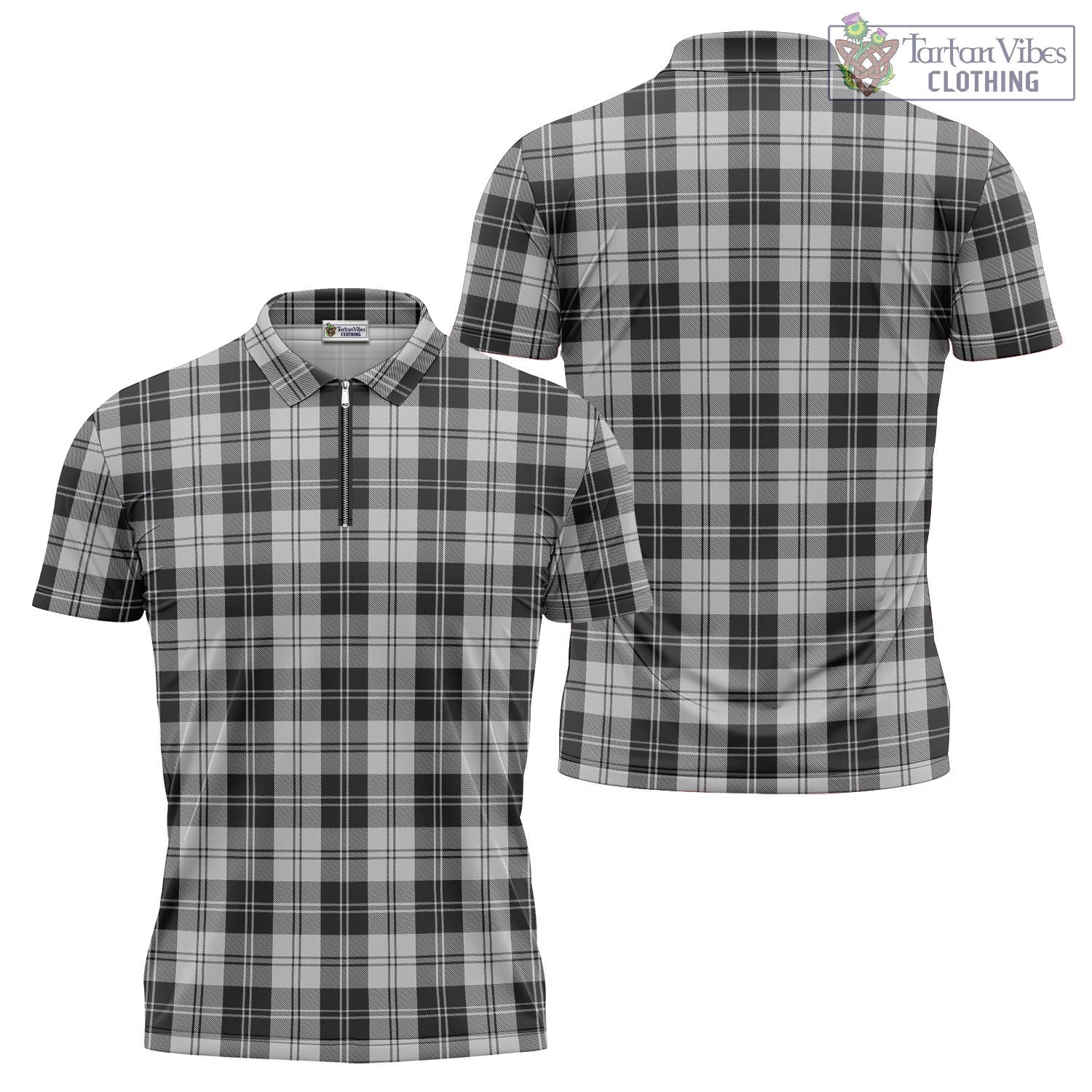 Tartan Vibes Clothing Erskine Black and White Tartan Zipper Polo Shirt