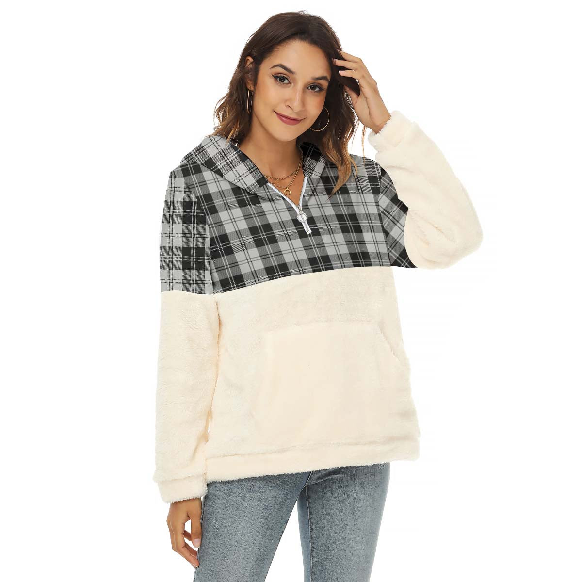 Erskine Black and White Tartan Women's Borg Fleece Hoodie With Half Zip Female - Tartanvibesclothing