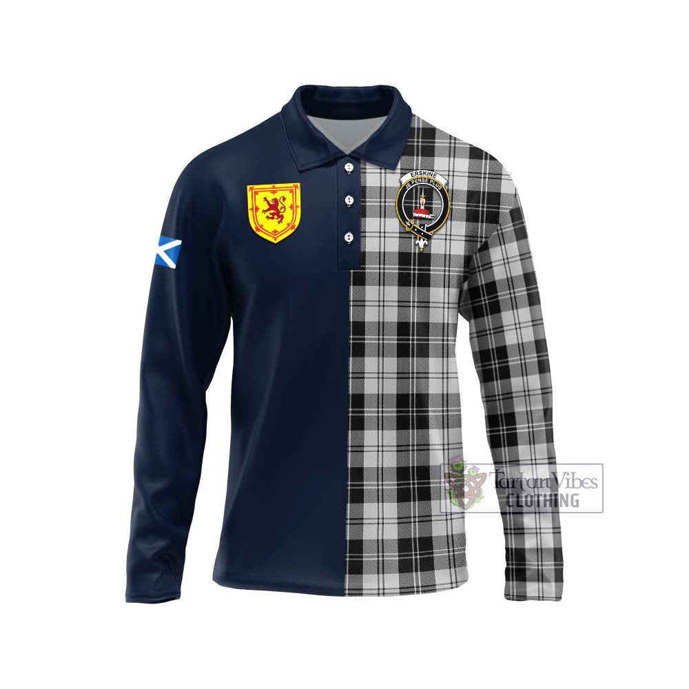 Tartan Vibes Clothing Erskine Black and White Tartan Long Sleeve Polo Shirt with Scottish Lion Royal Arm Half Style