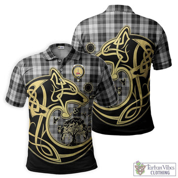 Erskine Black and White Tartan Polo Shirt with Family Crest Celtic Wolf Style