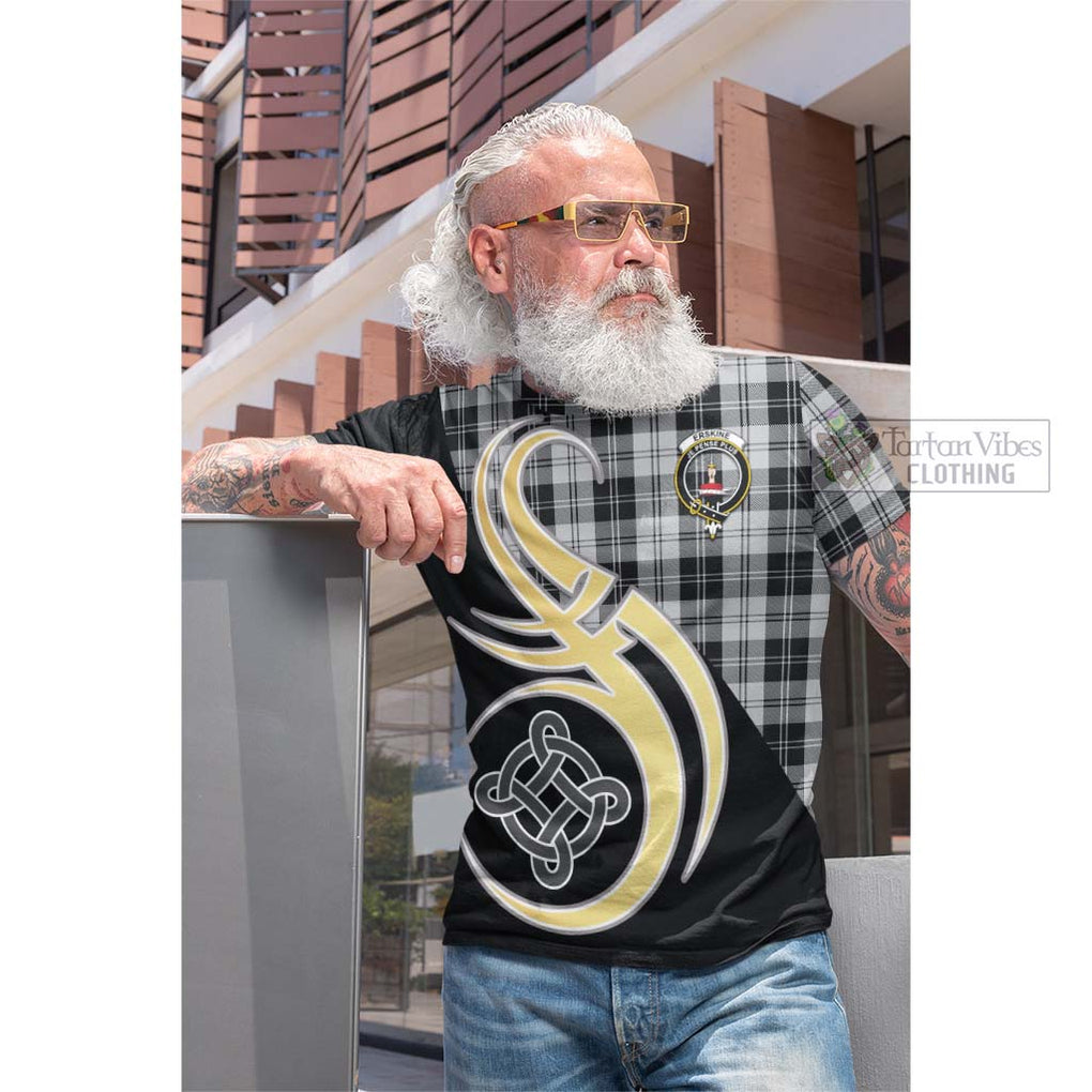 Tartan Vibes Clothing Erskine Black and White Tartan Cotton T-shirt with Family Crest and Celtic Symbol Style