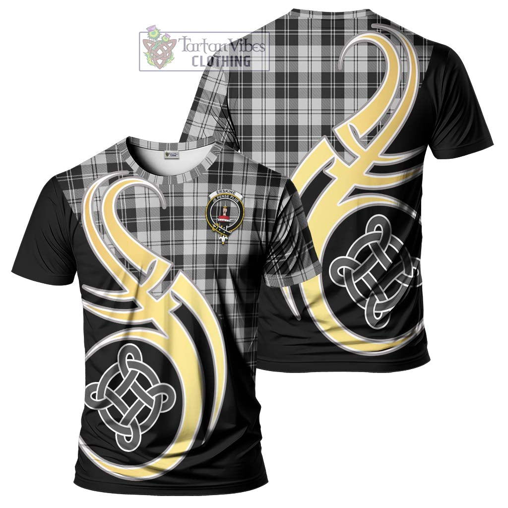 Tartan Vibes Clothing Erskine Black and White Tartan T-Shirt with Family Crest and Celtic Symbol Style