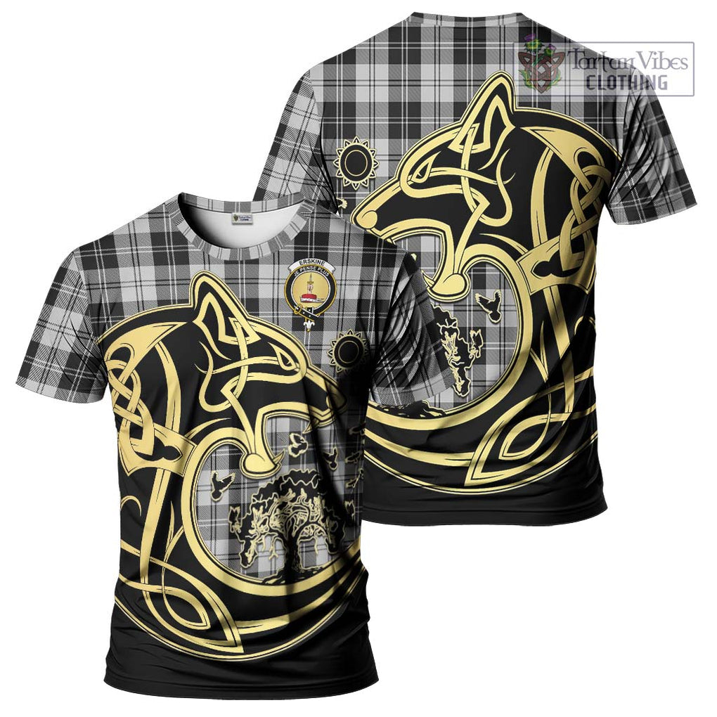 Erskine Black and White Tartan T-Shirt with Family Crest Celtic Wolf Style Kid's Shirt - Tartan Vibes Clothing