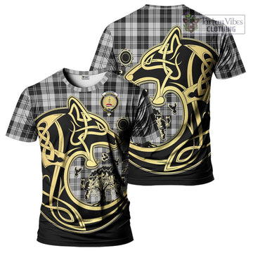 Erskine Black and White Tartan T-Shirt with Family Crest Celtic Wolf Style