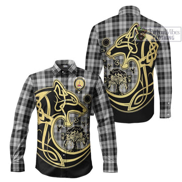 Erskine Black and White Tartan Long Sleeve Button Shirt with Family Crest Celtic Wolf Style