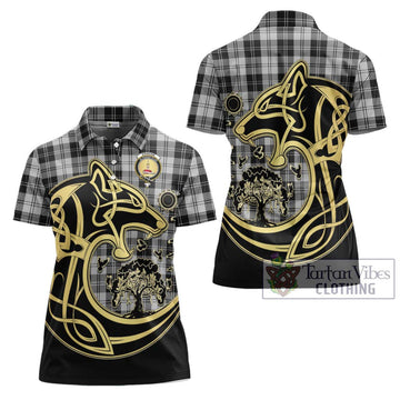 Erskine Black and White Tartan Women's Polo Shirt with Family Crest Celtic Wolf Style