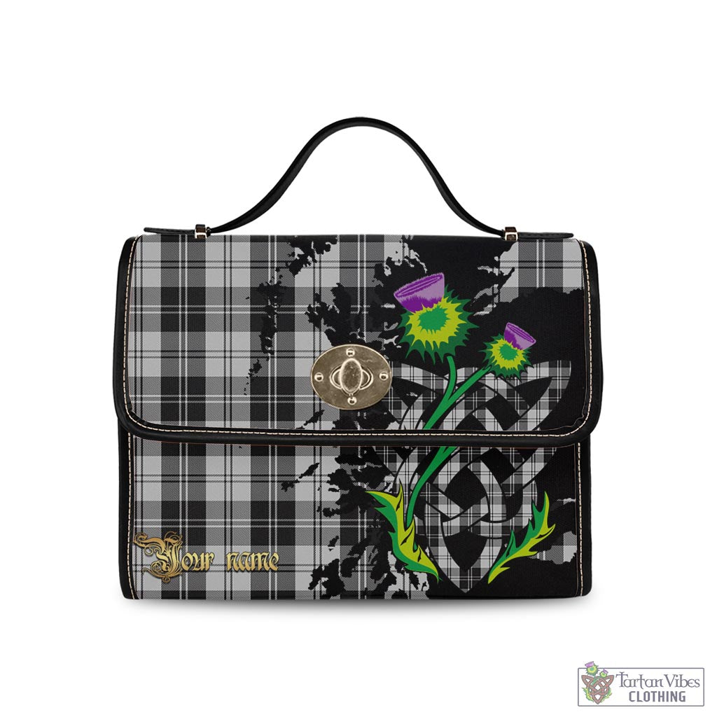 Tartan Vibes Clothing Erskine Black and White Tartan Waterproof Canvas Bag with Scotland Map and Thistle Celtic Accents