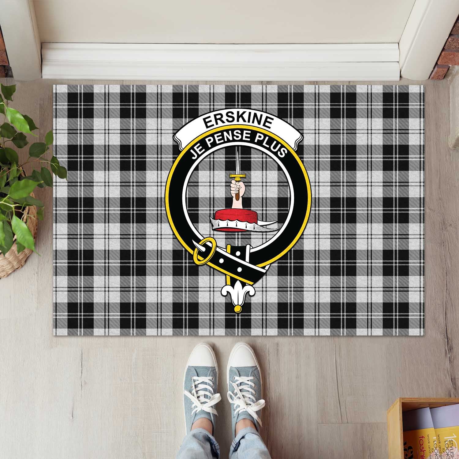 Erskine Black and White Tartan Door Mat with Family Crest - Tartanvibesclothing