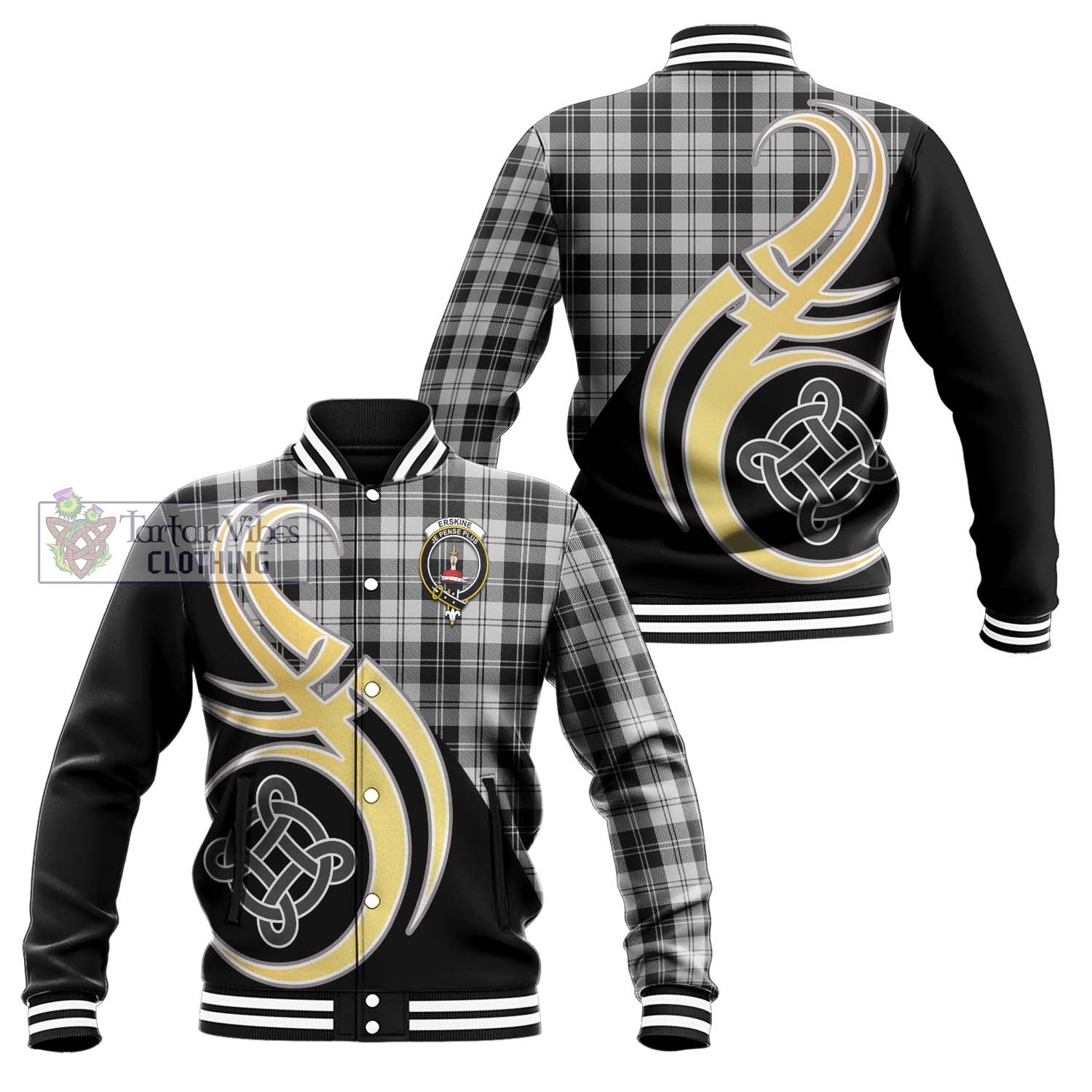 Erskine Black and White Tartan Baseball Jacket with Family Crest and Celtic Symbol Style Unisex - Tartan Vibes Clothing