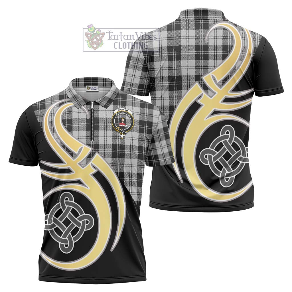 Tartan Vibes Clothing Erskine Black and White Tartan Zipper Polo Shirt with Family Crest and Celtic Symbol Style