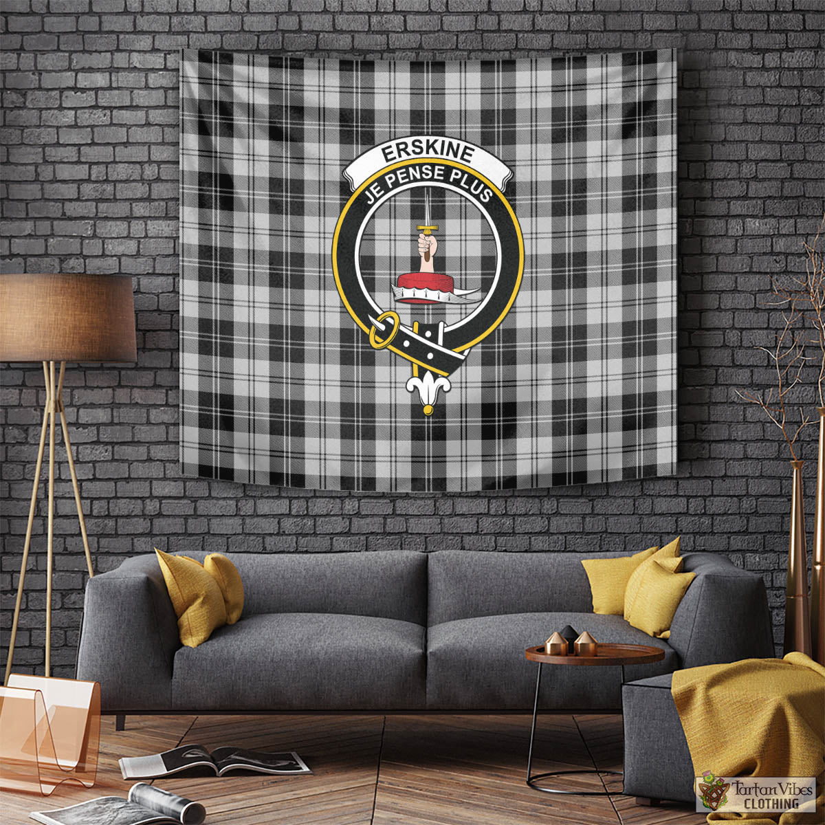 Tartan Vibes Clothing Erskine Black and White Tartan Tapestry Wall Hanging and Home Decor for Room with Family Crest