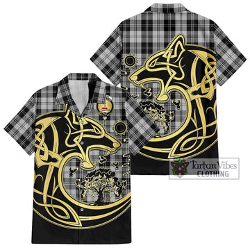 Erskine Black and White Tartan Short Sleeve Button Shirt with Family Crest Celtic Wolf Style