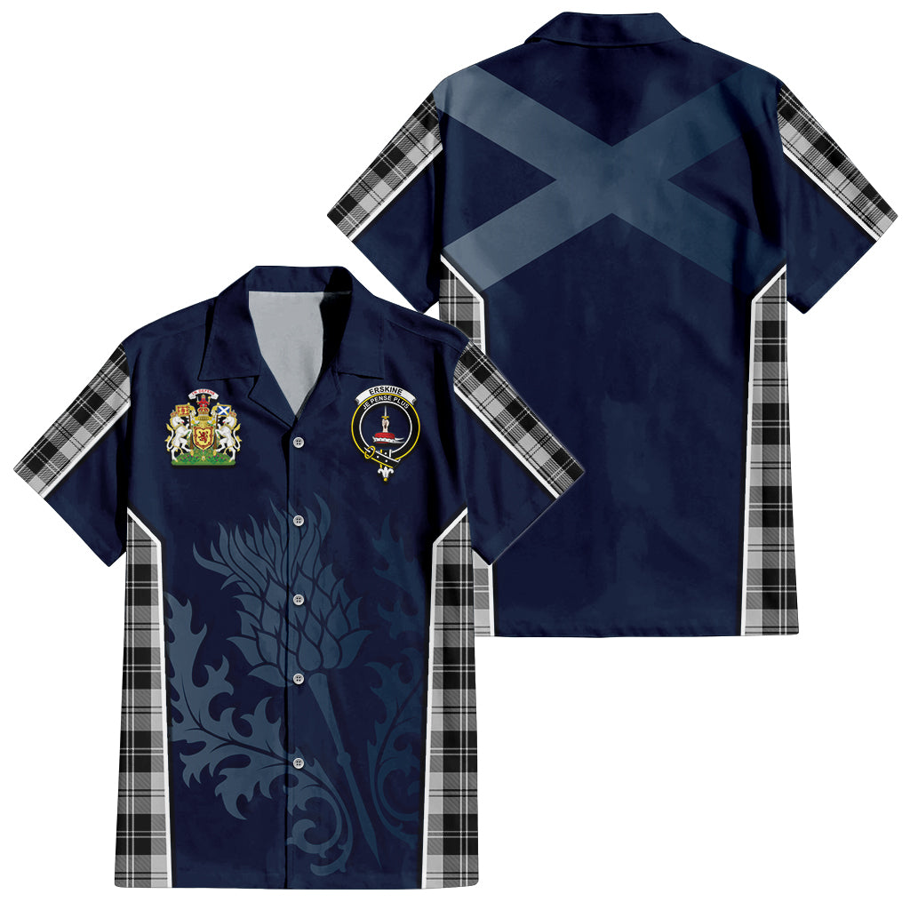 Tartan Vibes Clothing Erskine Black and White Tartan Short Sleeve Button Up Shirt with Family Crest and Scottish Thistle Vibes Sport Style