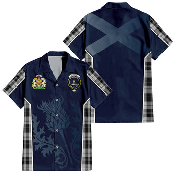 Erskine Black and White Tartan Short Sleeve Button Up Shirt with Family Crest and Scottish Thistle Vibes Sport Style