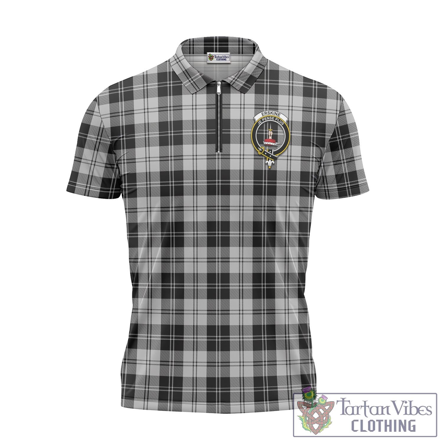 Tartan Vibes Clothing Erskine Black and White Tartan Zipper Polo Shirt with Family Crest