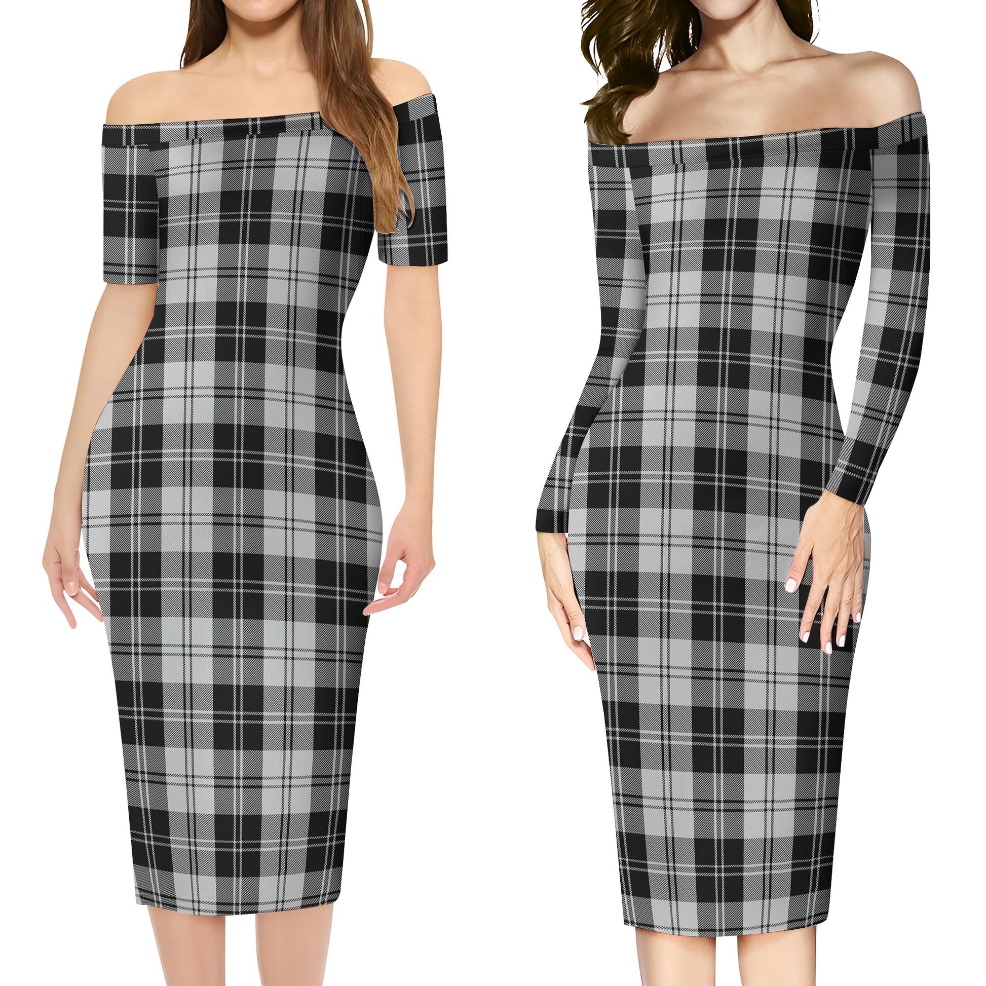 Erskine Black and White Tartan Off Shoulder Lady Dress Women's Dress - Tartanvibesclothing