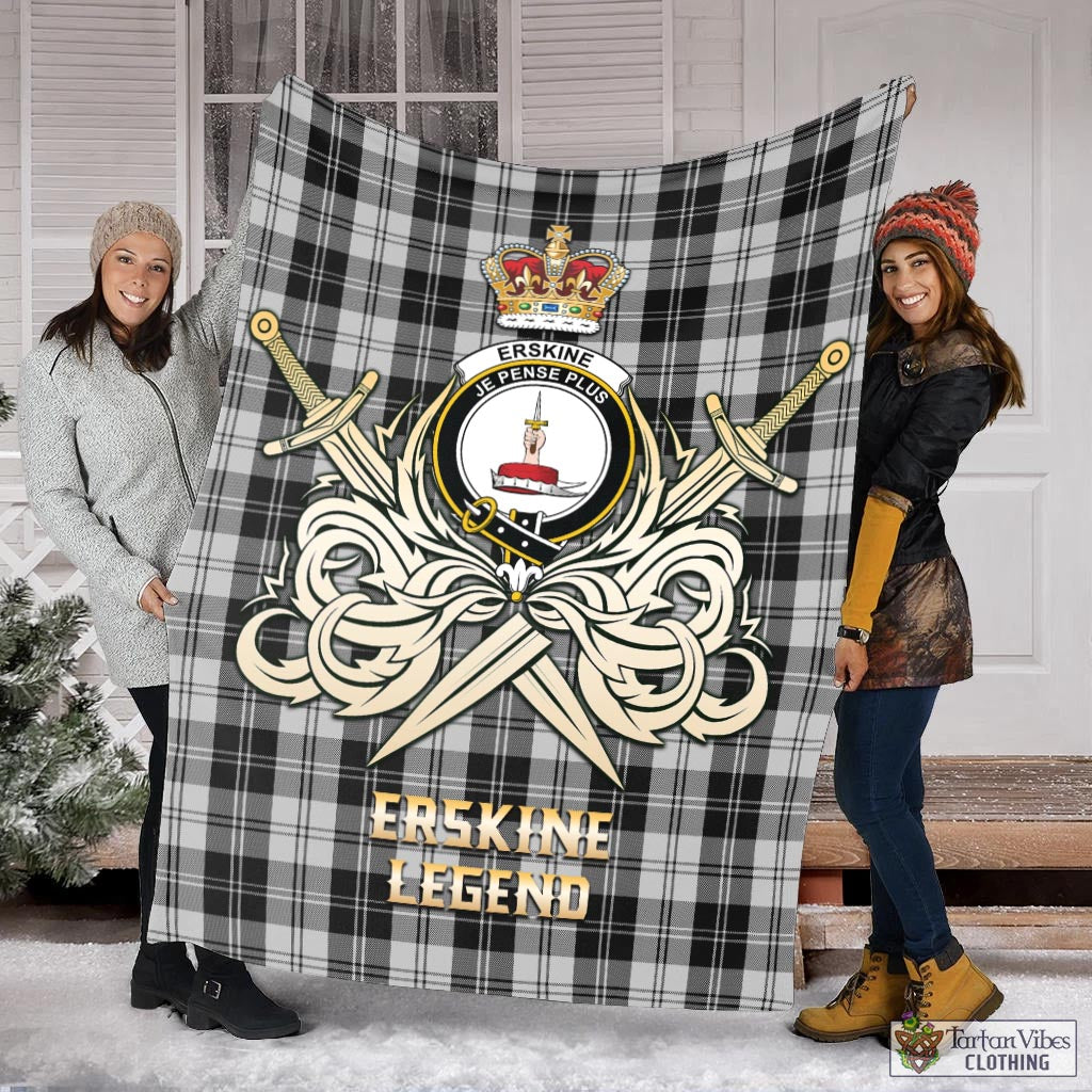 Tartan Vibes Clothing Erskine Black and White Tartan Blanket with Clan Crest and the Golden Sword of Courageous Legacy