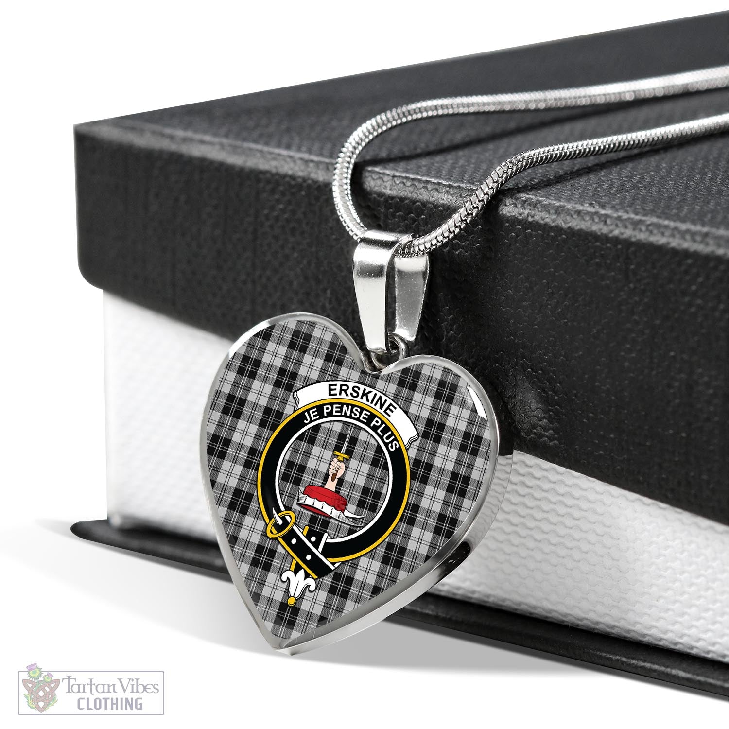 Tartan Vibes Clothing Erskine Black and White Tartan Heart Necklace with Family Crest