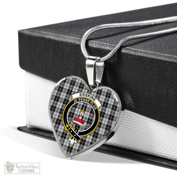 Erskine Black and White Tartan Heart Necklace with Family Crest