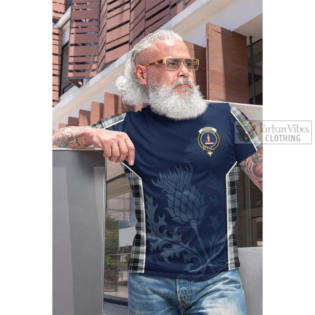 Tartan Vibes Clothing Erskine Black and White Tartan Cotton T-shirt with Family Crest and Scottish Thistle Vibes Sport Style