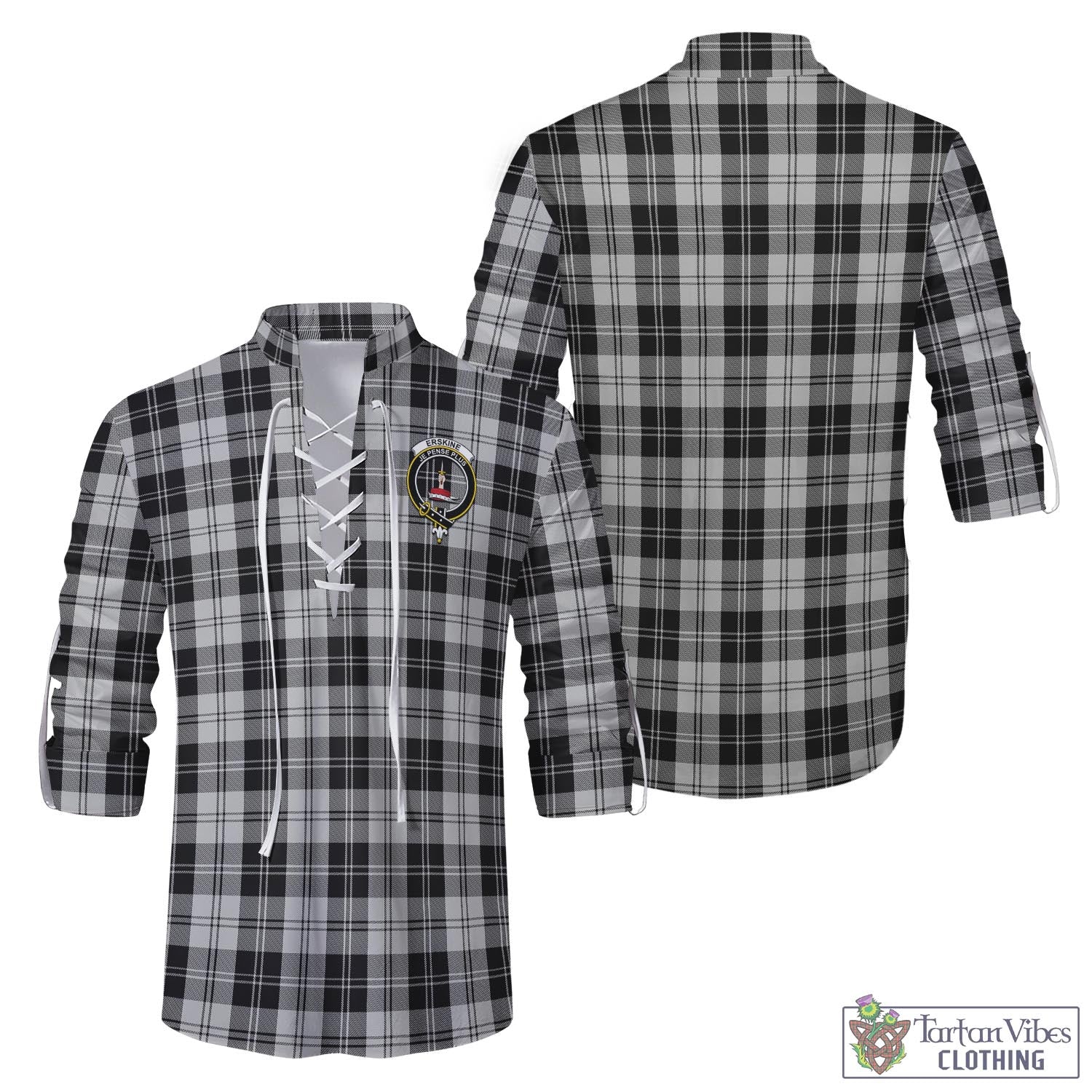 Tartan Vibes Clothing Erskine Black and White Tartan Men's Scottish Traditional Jacobite Ghillie Kilt Shirt with Family Crest