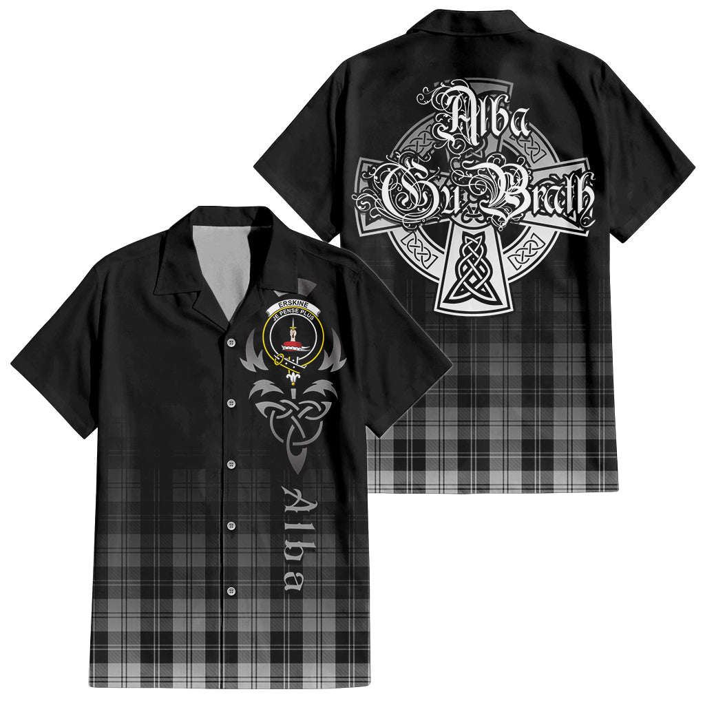 Tartan Vibes Clothing Erskine Black and White Tartan Short Sleeve Button Up Featuring Alba Gu Brath Family Crest Celtic Inspired