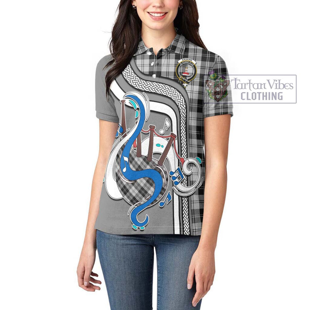 Erskine Black and White Tartan Women's Polo Shirt with Epic Bagpipe Style - Tartanvibesclothing Shop