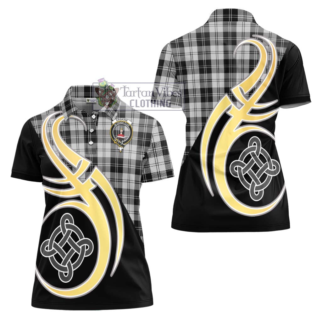 Erskine Black and White Tartan Women's Polo Shirt with Family Crest and Celtic Symbol Style - Tartan Vibes Clothing