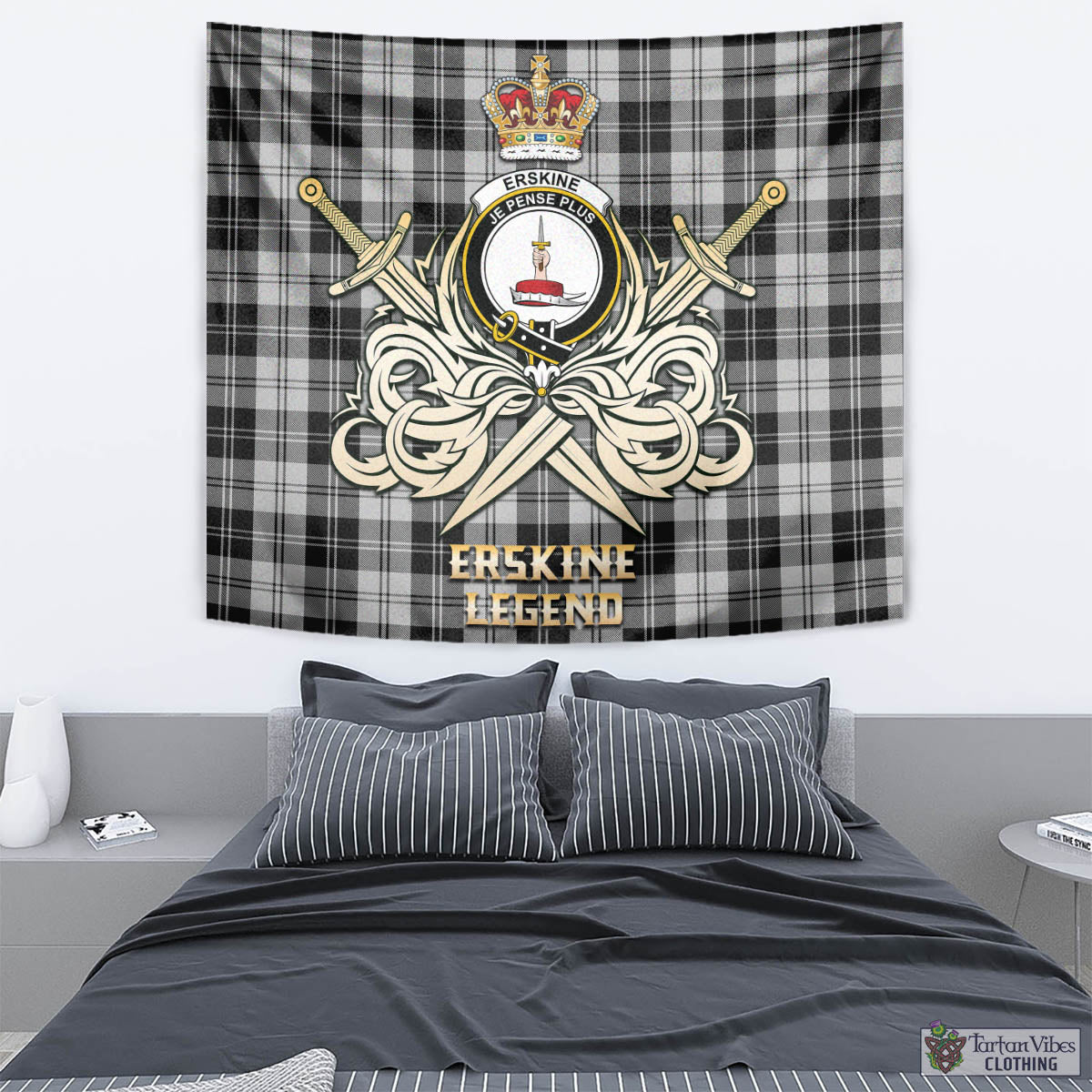 Tartan Vibes Clothing Erskine Black and White Tartan Tapestry with Clan Crest and the Golden Sword of Courageous Legacy