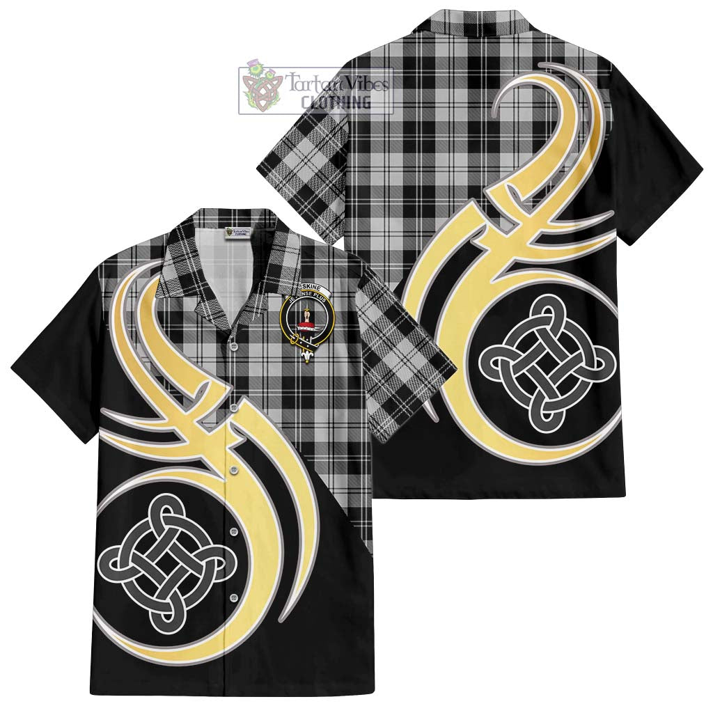 Erskine Black and White Tartan Short Sleeve Button Shirt with Family Crest and Celtic Symbol Style - Tartan Vibes Clothing