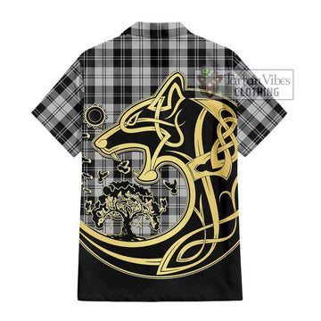 Erskine Black and White Tartan Short Sleeve Button Shirt with Family Crest Celtic Wolf Style