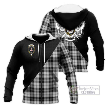 Erskine Black and White Tartan Knitted Hoodie with Family Crest and Military Logo Style