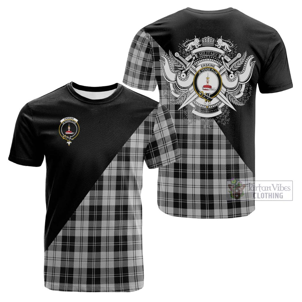 Tartan Vibes Clothing Erskine Black and White Tartan Cotton T-shirt with Family Crest and Military Logo Style