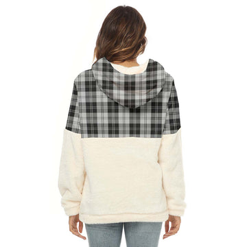 Erskine Black and White Tartan Women's Borg Fleece Hoodie With Half Zip with Family Crest