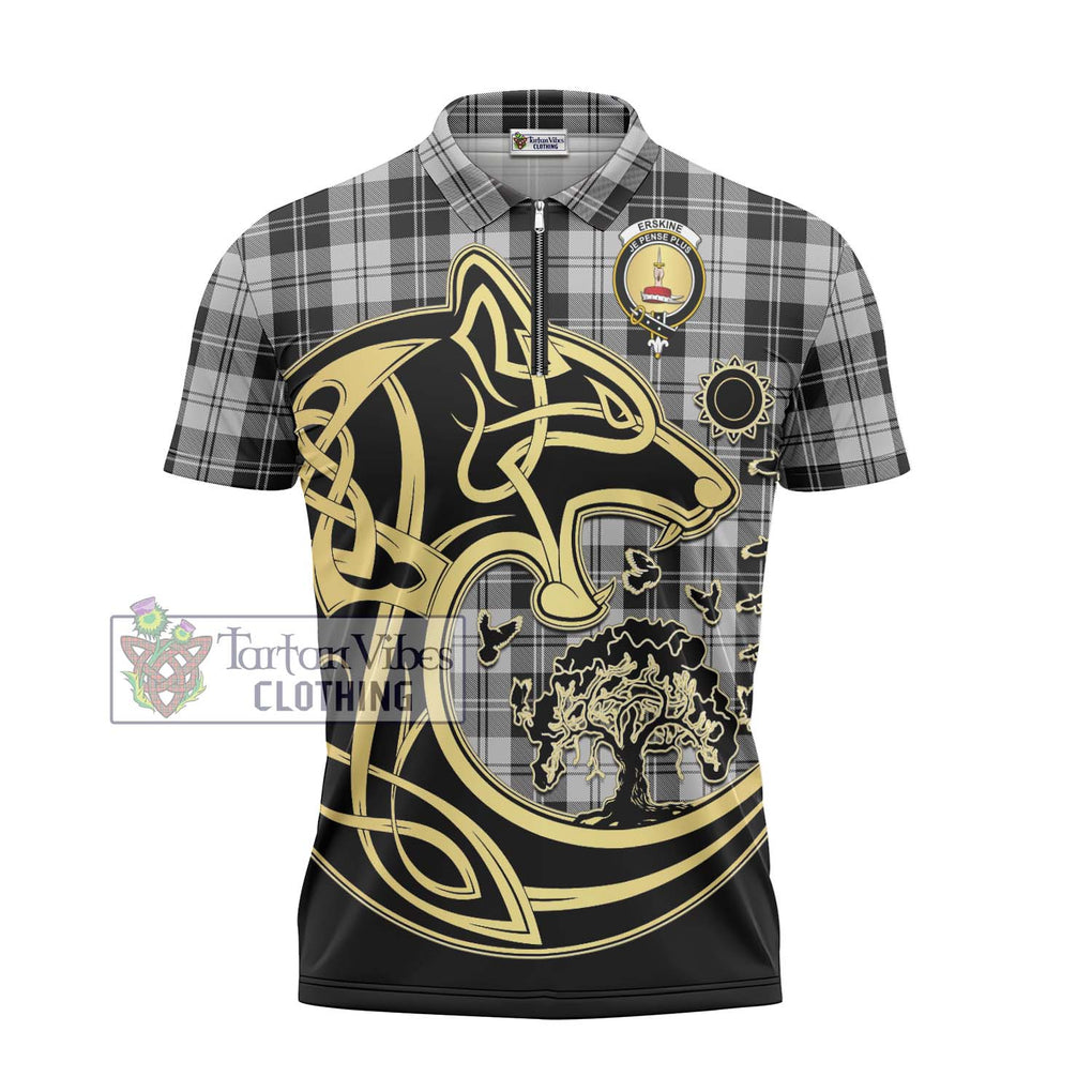 Erskine Black and White Tartan Zipper Polo Shirt with Family Crest Celtic Wolf Style - Tartanvibesclothing Shop