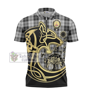 Erskine Black and White Tartan Zipper Polo Shirt with Family Crest Celtic Wolf Style