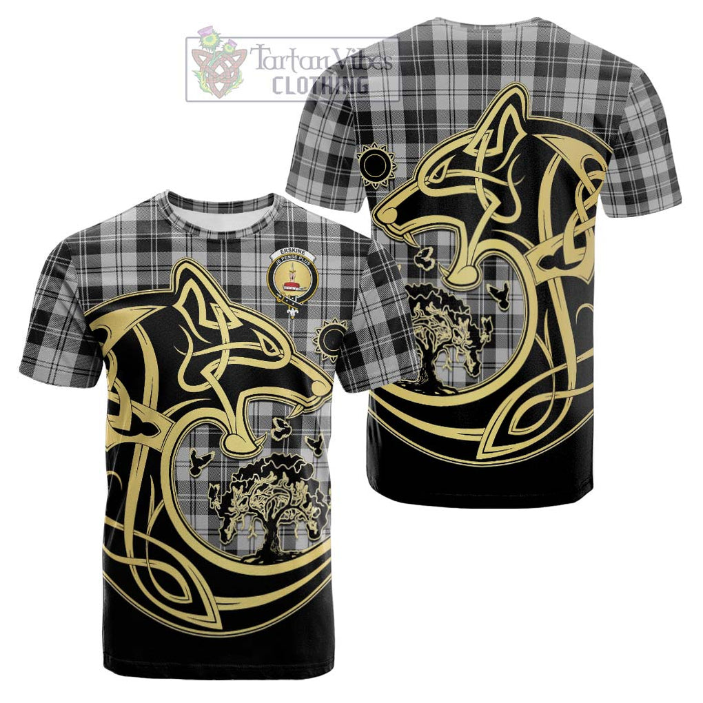 Tartan Vibes Clothing Erskine Black and White Tartan Cotton T-shirt with Family Crest Celtic Wolf Style